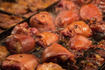 Steak and other meat on barbeque. Background. Smoke. Meals, Close-upの写真素材