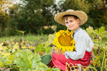 Cute happy boy hold sunflower in a summer gardenの写真素材