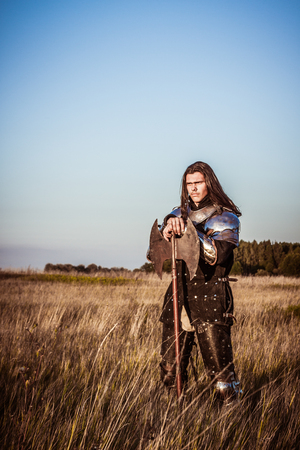 Medieval knight in the field with an axeの写真素材