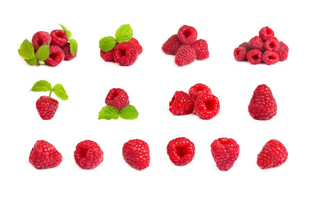 Set of a bunch of a red raspberry on a white background. Close up macro shot. Image was...