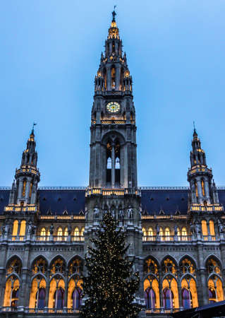 Vienna - DECEMBER 22: The Rathaus is a building in Vienna which serves as the seat both of the mayor and city council of the city of Vienna. on December 22, 2013 in Vienna, Austria.のeditorial素材