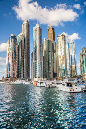 DUBAI, UAE - NOVEMBER 13: Modern buildings in Dubai Marina, Dubai, UAE. In the city of artificial channel length of 3 kilometers along the Persian Gulf, taken on 13 November 2013 in Dubai.のeditorial素材