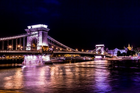 River view of Budapest at evening, illuminated Chain Bridge and Parliament Building.のeditorial素材