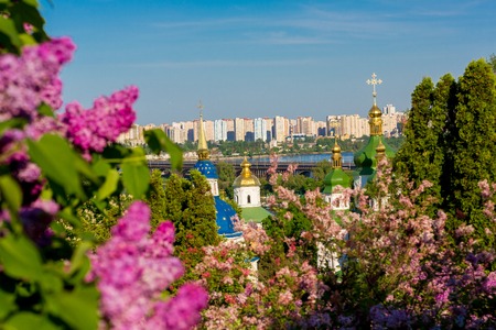 Panorama of the city of Kiev. Ukraine. View of the monastery Vydubitsky, left bank of the Dnieper River and the modern part of town. Kyiv.のeditorial素材