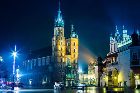 Krakow old city at night St. Mary's Church at night. Krakow Poland.のeditorial素材