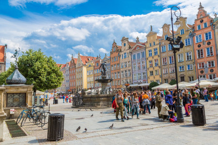 GDANSK, POLAND - 5 SEPTEMBER 2014: Fountain of the Neptune in old town of Gdansk at night. The...