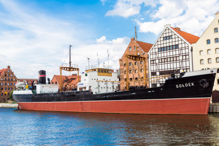 GDANSK, POLAND - 25 MAY: SS SOLDEK on Motlawa river in Gdansk, May 25, 2014. SS SOLDEK is the first ship built in Poland after World War II. Currently is preserved as a museum ship in Gdansk.のeditorial素材