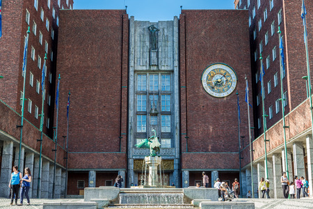 OSLO, NORWAY - JULY 29: Oslo City Hall started in 1931, but was paused by the outbreak of World War II in Oslo, Norway on July 29, 2014のeditorial素材
