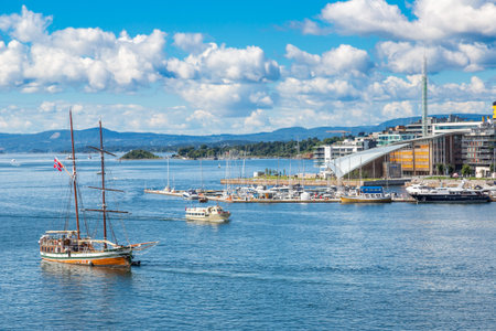 OSLO, NORWAY - JULY 29: The Oslo Norway Harbor is one of Oslo's great attractions. Situated on the Oslo Fjord in Oslo, Norway on July 29, 2014のeditorial素材
