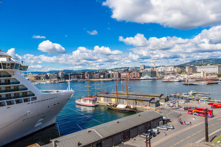 OSLO, NORWAY - JULY 29: The Oslo Norway Harbor is one of Oslo's great attractions. Situated on the Oslo Fjord in Oslo, Norway on July 29, 2014のeditorial素材
