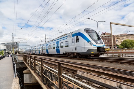 STOCKHOLM - AUGUST 05: Metro train on August 5, 2014 in Stockholm, Sweden. Metro trains are currently the most environmentally friendly option to travel within the city.のeditorial素材