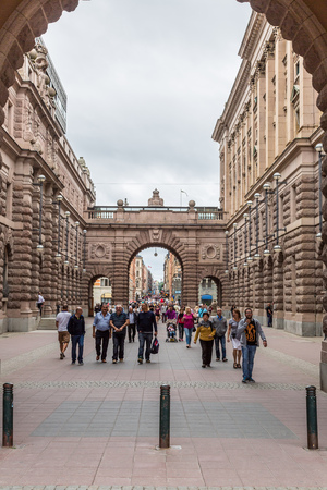 STOCKHOLM, SWEDEN - JUNE 14: Arch of parliament and Drottninggatan street, on June 14, 2014 in Stockholm.のeditorial素材