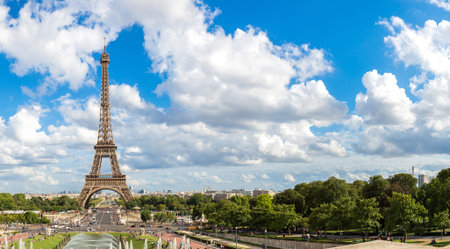 Panoramic view of Eiffel Tower most visited monument in France and the most famous symbol of Paris