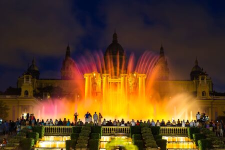 Magic Fountain light show at night next to National museum in Barcelona, Spainのeditorial素材