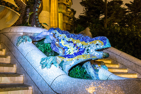 Sculpture of a salamandra of Antoni Gaudi  in the park Guell in Barcelona, Spain in a summer nightのeditorial素材