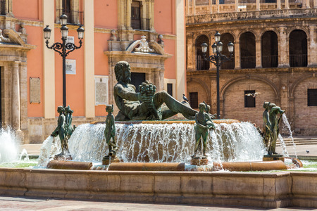Square of Saint Mary's and fountain Rio Turia  in Valencia in a summer day, Spainのeditorial素材
