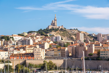 Aerial panoramic view on basilica of Notre Dame de la Garde and old port  in Marseille, Franceの写真素材