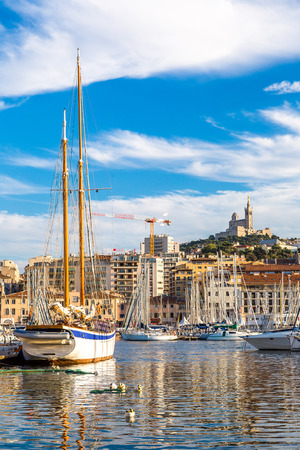 Aerial panoramic view on basilica of Notre Dame de la Garde and old port  in Marseille, Franceの写真素材