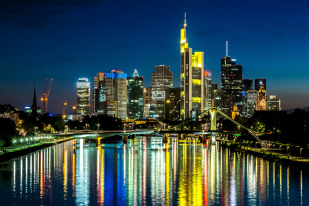 View of Frankfurt am Main skyline at sunset in Germanyの写真素材