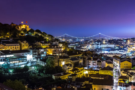 Aerial view of Lisbon at night, Portugal. Sao Jorge Castle