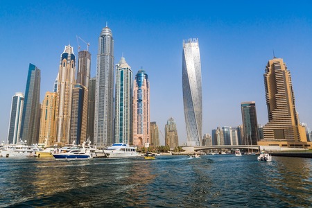 DUBAI, UAE - NOVEMBER 13: Modern buildings in Dubai Marina, Dubai, UAE. In the city of artificial channel length of 3 kilometers along the Persian Gulf, taken on 13 November 2013 in Dubai.のeditorial素材