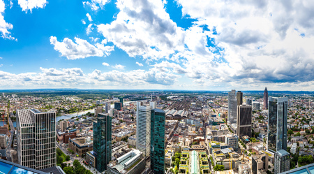 Summer panorama of the financial district in Frankfurt, Germanyの写真素材