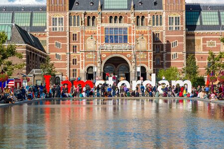 AMSTERDAM, NETHERLANDS - AUGUST 19: Rijksmuseum Amsterdam museum with words I Amsterdam on August 19, 2014のeditorial素材