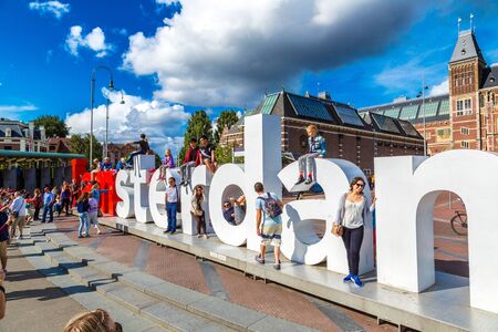 AMSTERDAM, NETHERLANDS - AUGUST 19: Rijksmuseum Amsterdam museum with words I Amsterdam on August 19, 2014のeditorial素材