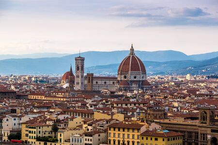 Panoramic sunset over cathedral of Santa Maria del Fiore in Florence, Italyの写真素材