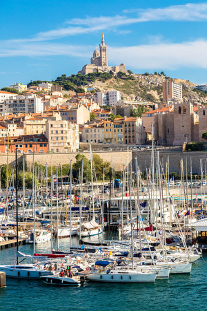 Aerial panoramic view on basilica of Notre Dame de la Garde and old port  in Marseille, Franceの写真素材