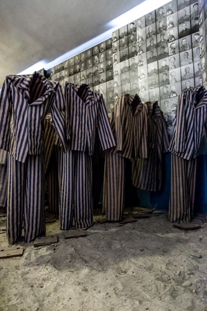 OSWIECIM, POLAND - JULY 22: Exhibition with prisoners' clothes in Auschwitz. It is the biggest nazi concentration camp in Europe on July 22, 2014 in Oswiecim, Polandのeditorial素材