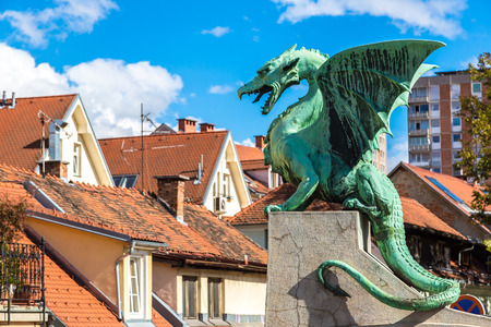 Dragon bridge in a summer day in Ljubljana, Sloveniaの写真素材