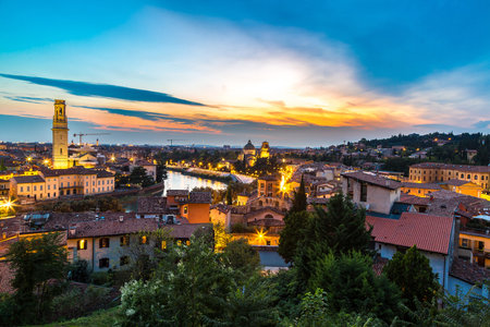 Panoramic view of Verona at sunset in Italyの写真素材