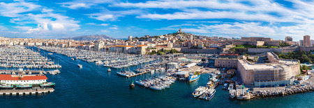 Aerial panoramic view on basilica of Notre Dame de la Garde and old port  in Marseille, Franceのeditorial素材