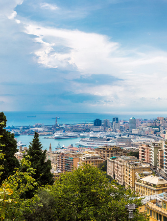Panoramic view port of Genoa in a summer day, Italyの写真素材