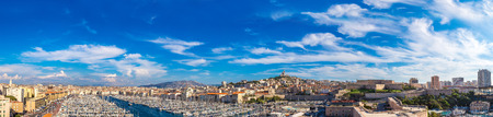 Aerial panoramic view on basilica of Notre Dame de la Garde and old port  in Marseille, Franceの写真素材