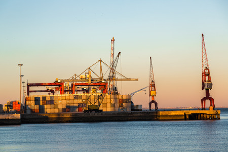 LISBON, PORTUGAL - JULY 30 : Lisbon's commercial port at sunset on July 30 2014 in Lisbon, Portugalのeditorial素材