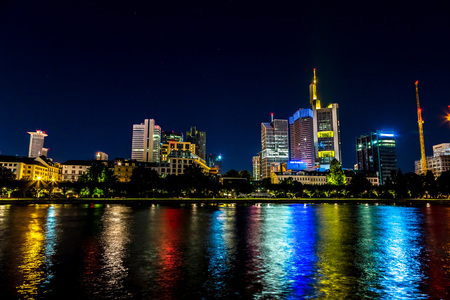 View of Frankfurt am Main skyline at sunset in Germanyの写真素材