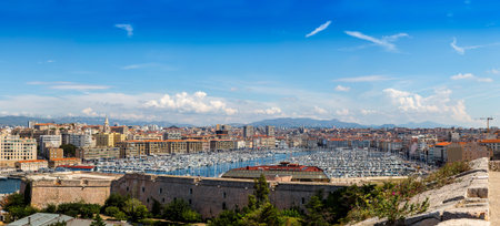 Saint Jean Castle and Cathedral de la Major and the Vieux port in Marseille, France in a summer dayのeditorial素材