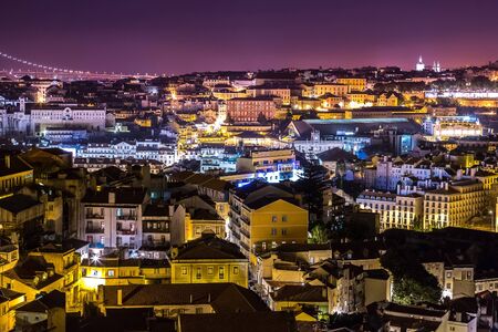 Aerial view of Lisbon at night, Portugal. Sao Jorge Castleのeditorial素材