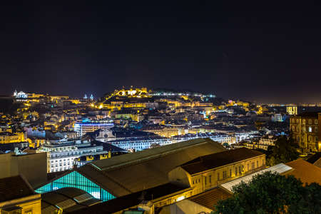 Aerial view of Lisbon at night, Portugal.の写真素材