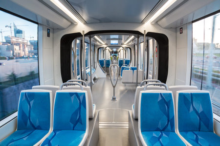 DUBAI, UAE - DECEMBER 5: New modern tram in Dubai, UAE. December 5, 2015 in Dubai, United Arab...