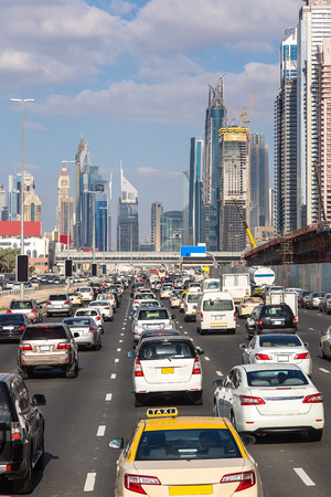 Traffic jam at Sheikh Zayed Road in Dubai in a summer dayのeditorial素材