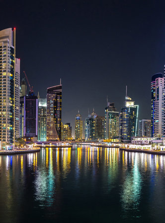 Panorama of Dubai marina in a summer night, Dubai, UAE.の写真素材