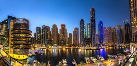 Panorama of Dubai marina in a summer night, Dubai, UAE.の写真素材