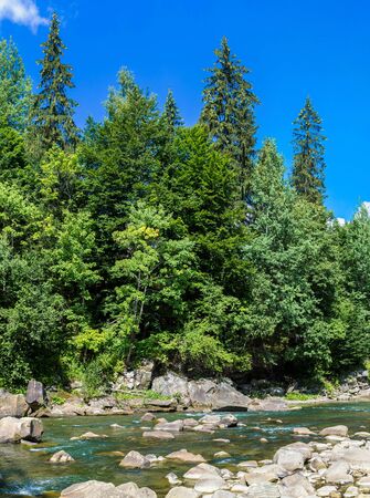 The mountain river Prut and waterfalls in Yaremche, Carpathians, Ukraineの写真素材