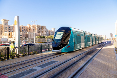 DUBAI, UAE - DECEMBER 5: New modern tram in Dubai, UAE. December 5, 2015 in Dubai, United Arab Emiratesのeditorial素材