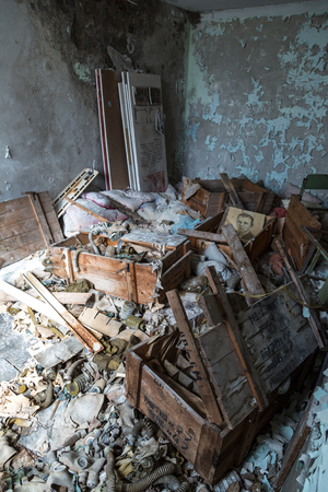 Gas masks on the floor in the middle school in Pripyat, Chernobyl region, Ukraine in a summer dayのeditorial素材