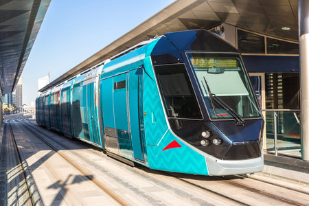 DUBAI, UAE - DECEMBER 5: New modern tram in Dubai, UAE. December 5, 2015 in Dubai, United Arab...