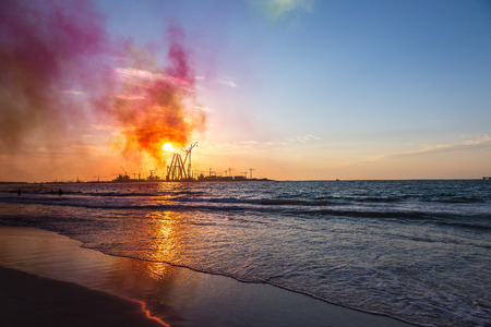 Construction site  in Dubai at the sea sunsetの写真素材